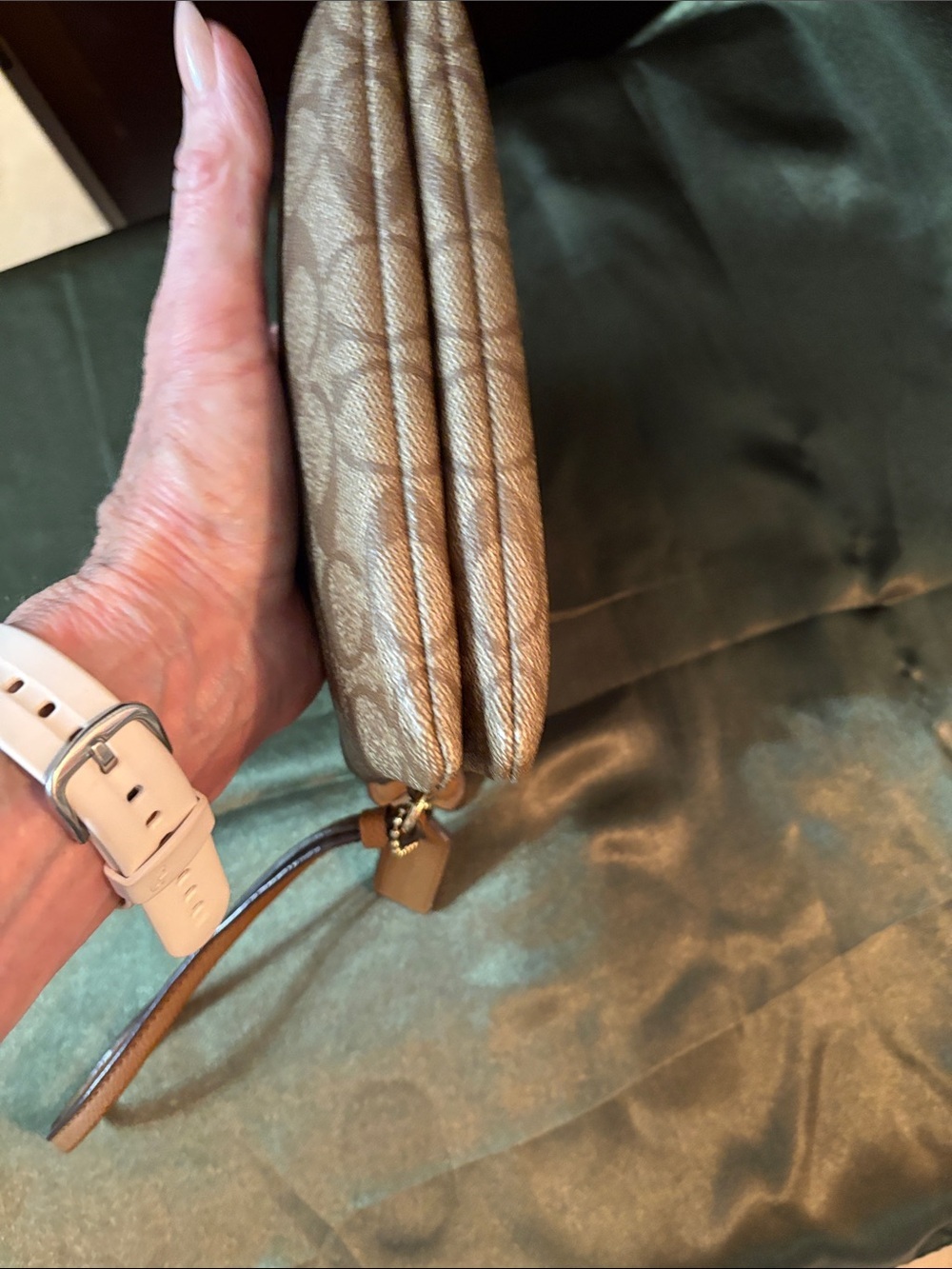 Coach Signature Canvas Double Corner Zip Wristlet in Tan and Brown - Picture 5 of 13